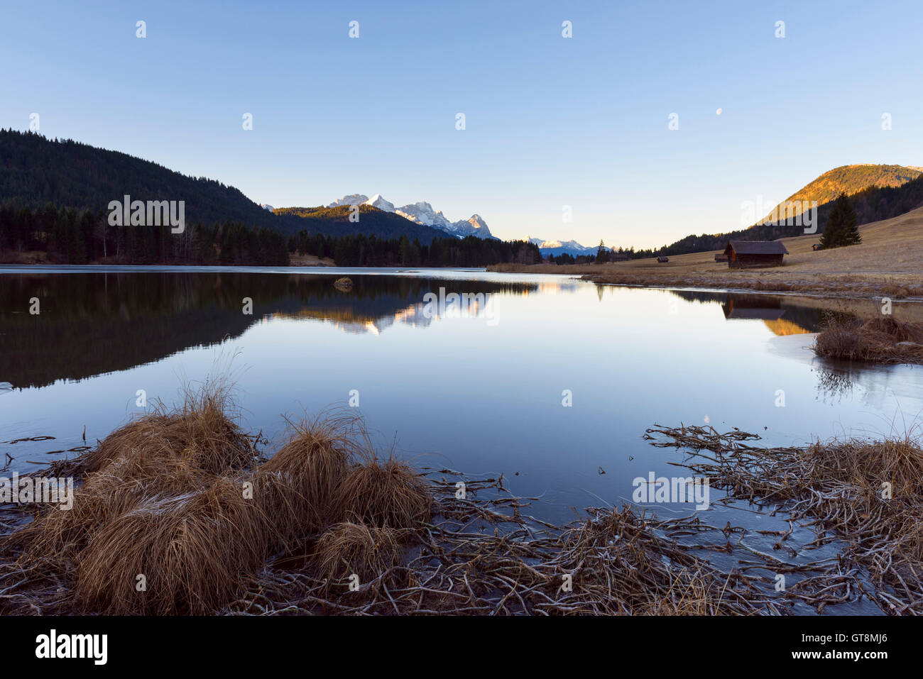 Landscape Reflected in Geroldsee in Morning, Gerold, Krun, Upper Bavaria, Bavaria, Germany Stock Photo