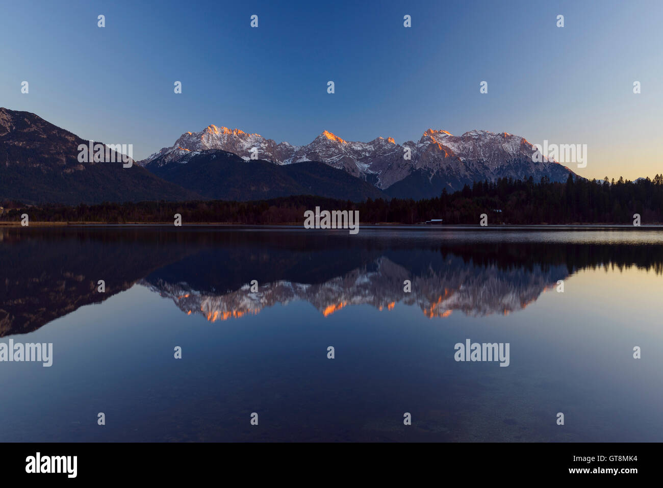 Karwendel Mountains Reflected in Lake Barmsee, Krun, Upper Bavaria ...