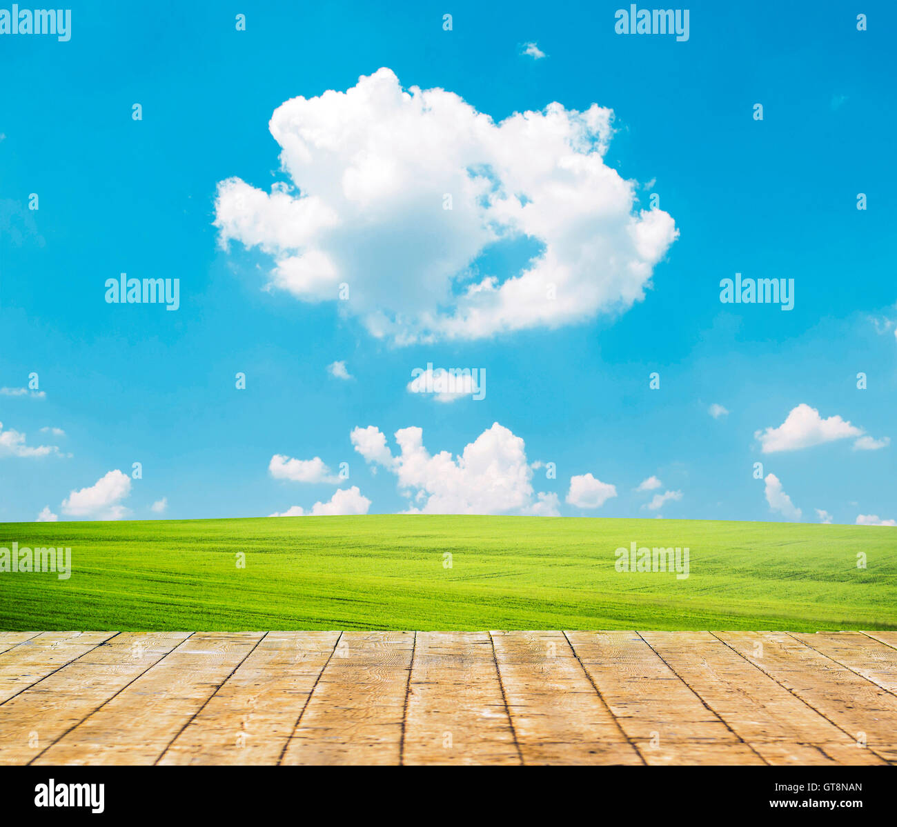 Fresh spring green grass with blue sky and wooden floor Stock Photo - Alamy