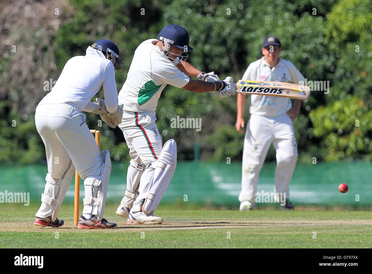 Gagan Bhogal in batting action for Ilford - Ilford CC vs Wanstead CC - Essex Cricket League at Valentines Park - 31/08/13 Stock Photo