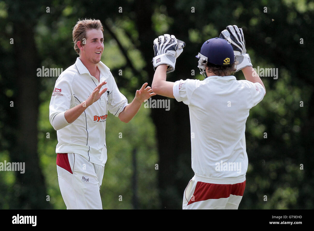 Matthew Quinn (L) celebrates taking the wicket of Wanstead batsman Arfan Akram - Wanstead CC (batting) vs South Woodford CC - Essex Cricket League - 04/06/11 Stock Photo