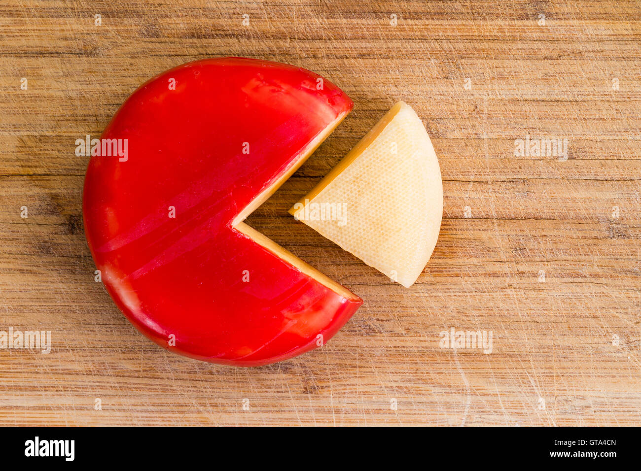 Wheel of fresh gouda cheese with a red rind and a single wedge portion
