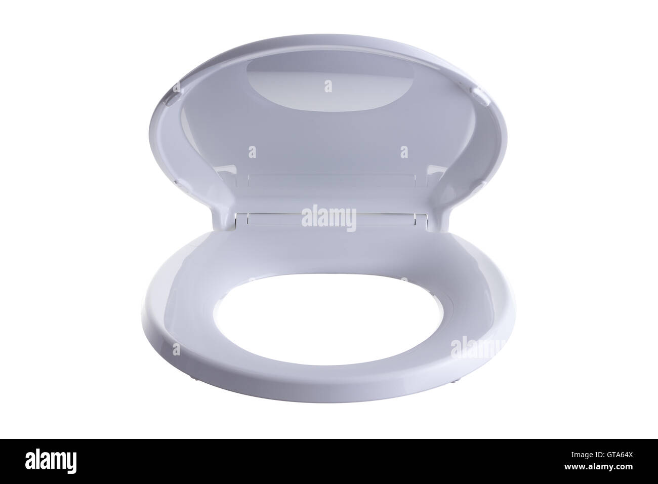 Partially opened isolated generic white plastic hinged toilet seat and lid viewed from the front Stock Photo