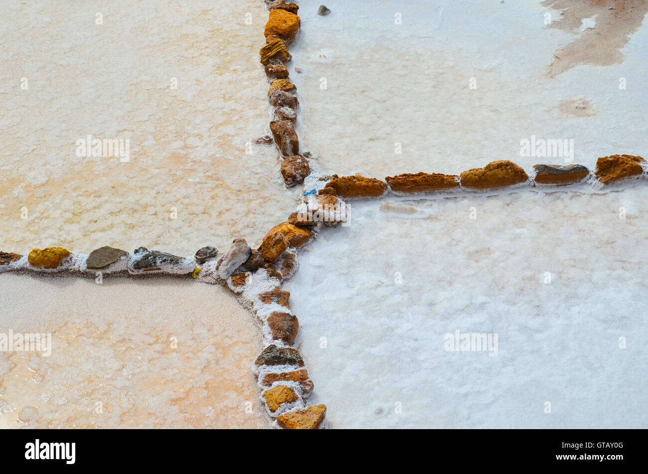 MARAS, CUSCO REGION, PERU- JUNE 6, 2013: Detailed view over the salt mine of Maras Stock Photo