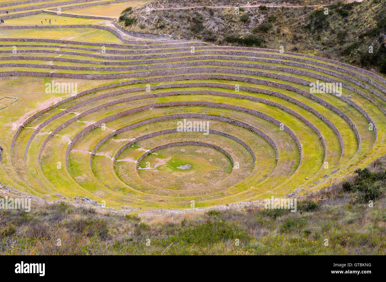 Ancient Inca circular agricultural terraces at Moray used to study the effects of different climatic conditions on crops Stock Photo