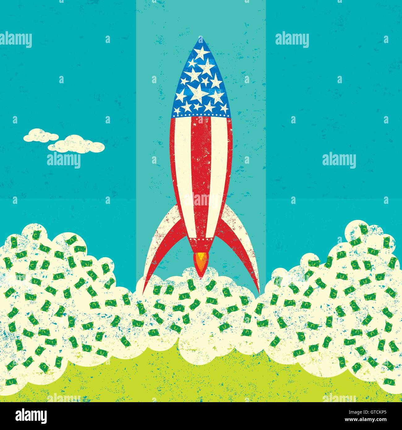 American economy taking off A rocket, representing the American economy, launching from the ground with cash blowing everywhere. Stock Vector