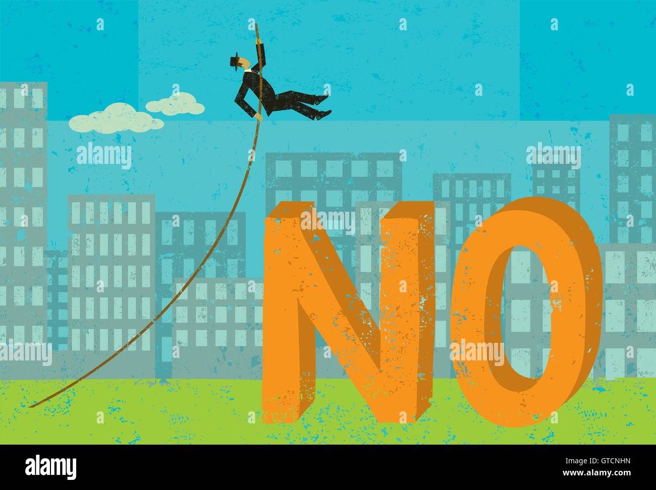Getting past No A businessman pole vaulting over the word “No” to achieve his goal. Stock Vector