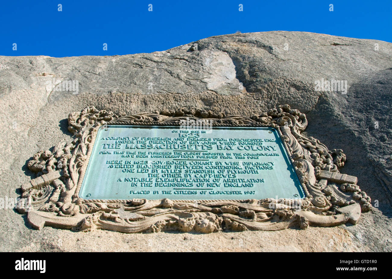 Massachusetts Bay Colony plaque on Tablet Rock, Stage Fort Park, Gloucester, Massachusetts Stock Photo