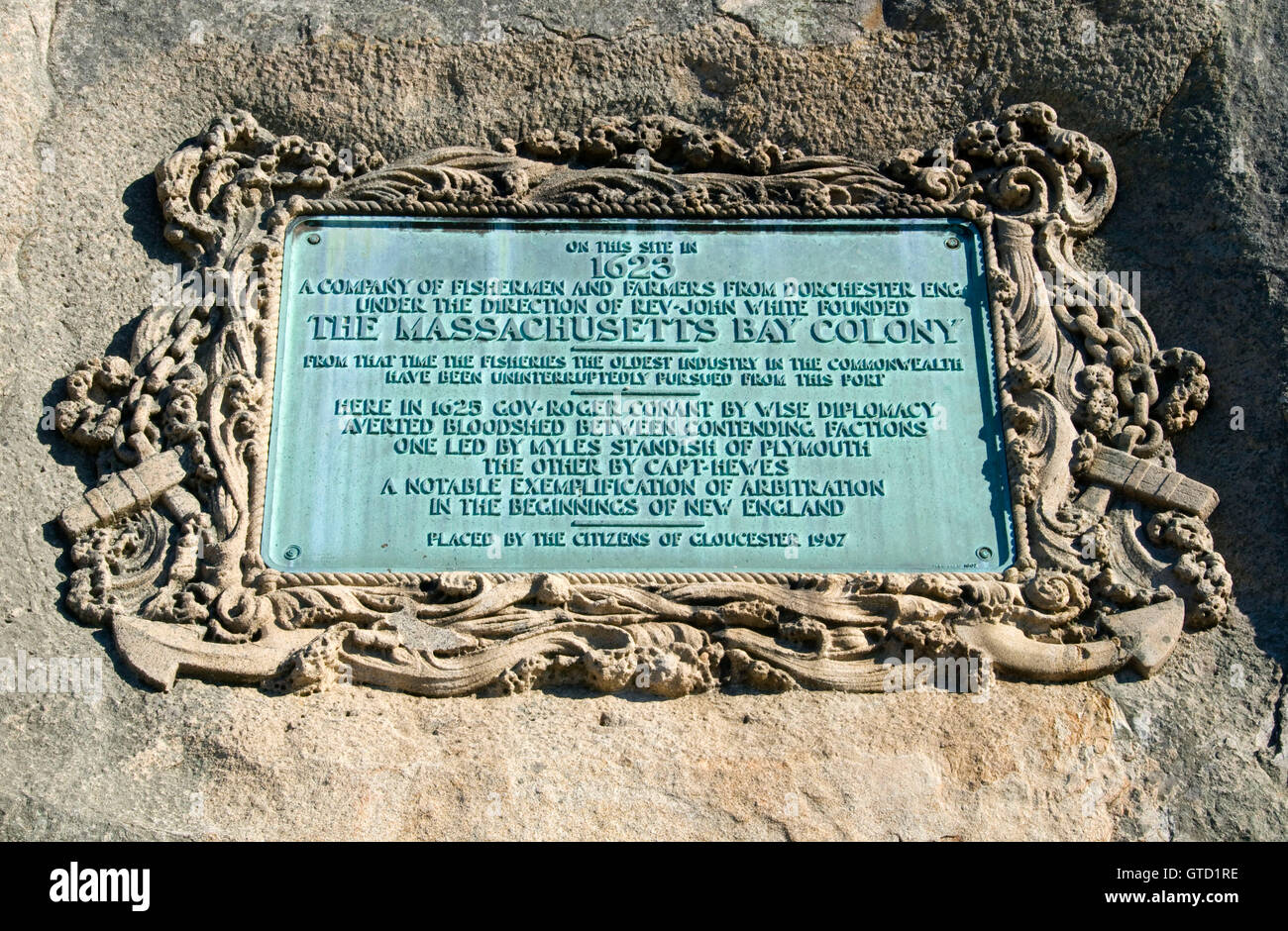 Massachusetts Bay Colony plaque on Tablet Rock, Stage Fort Park, Gloucester, Massachusetts Stock Photo