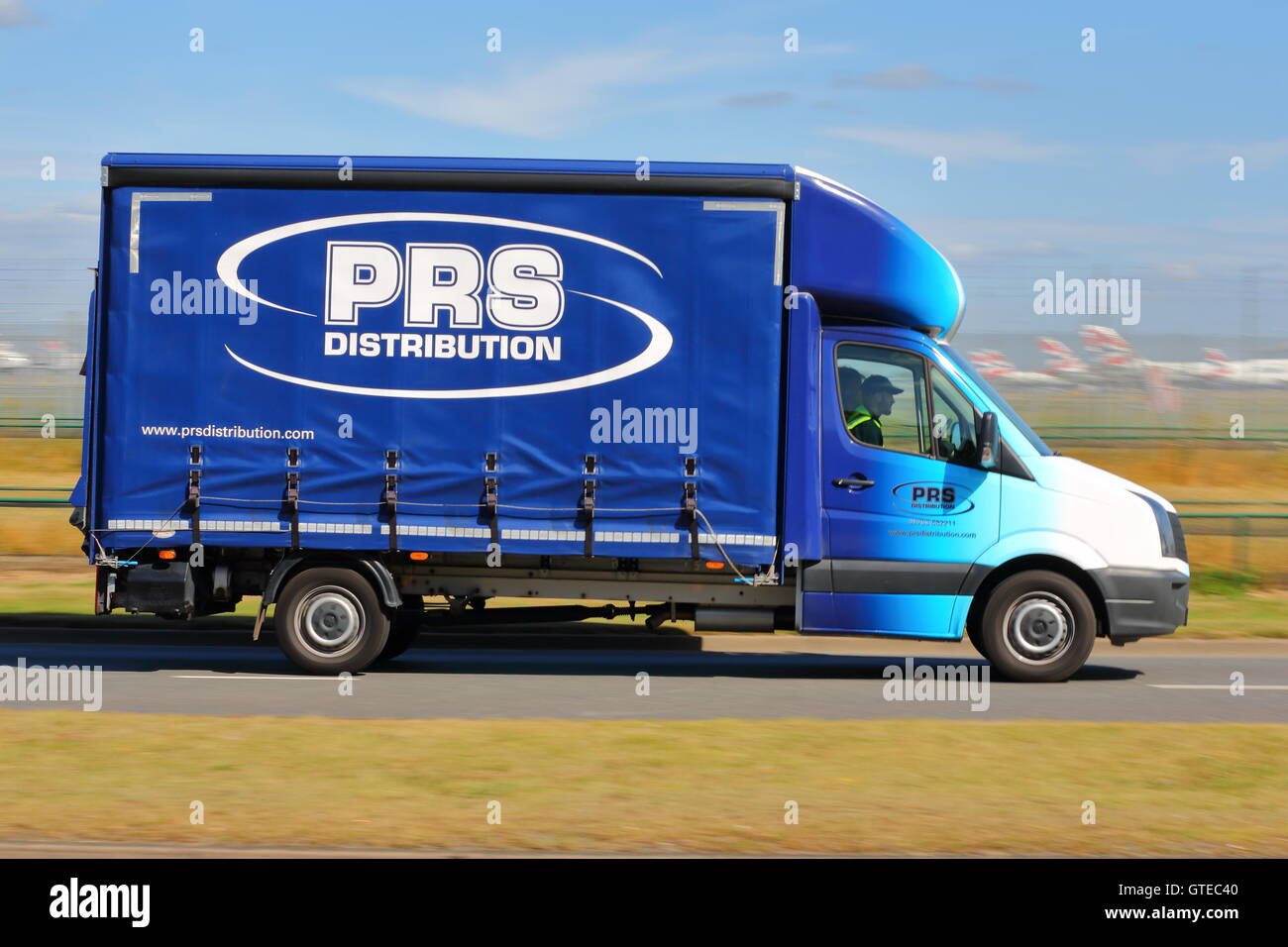 Blue PRS Distribution lorry near London Heathrow Airport Stock Photo