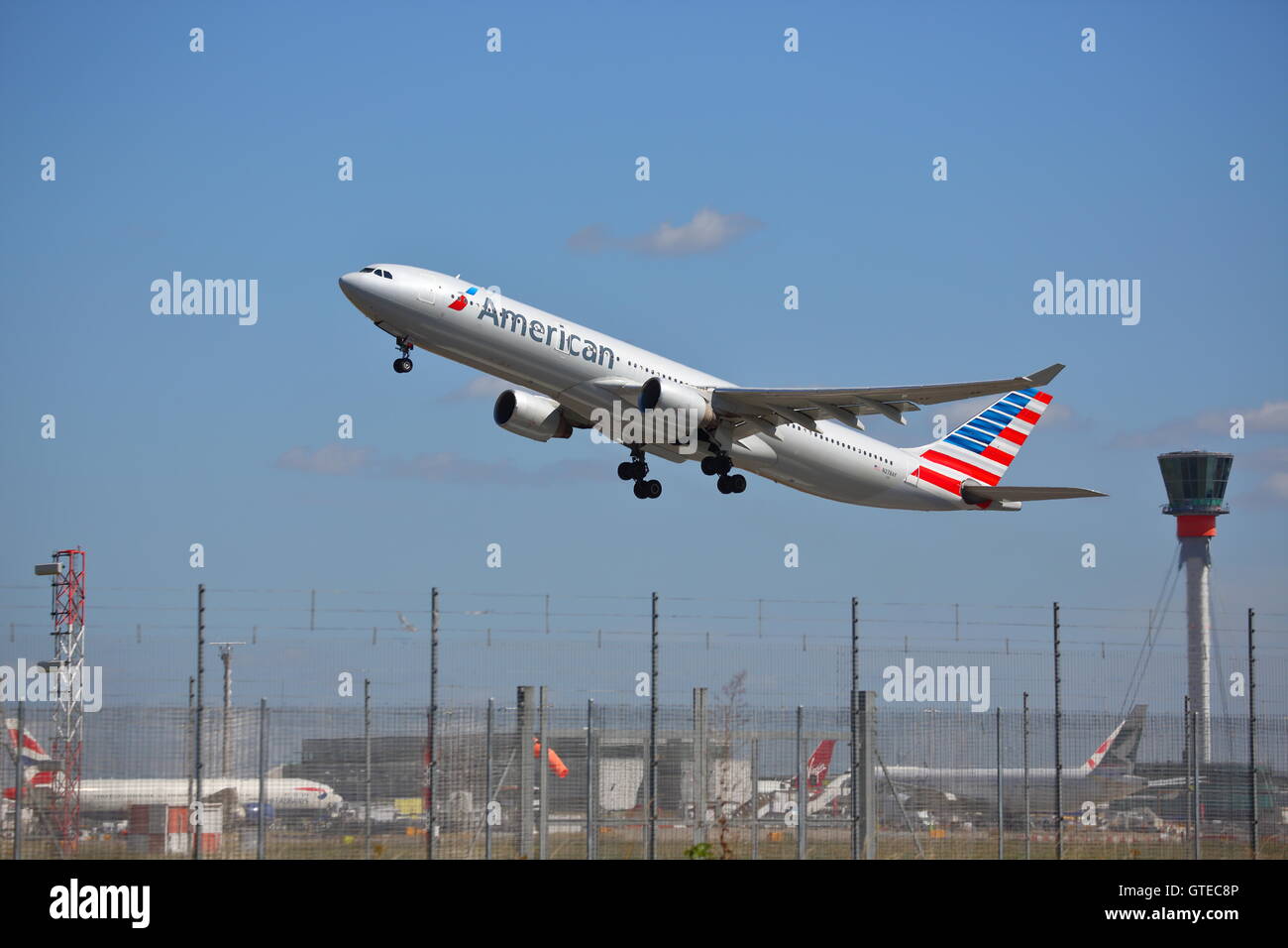 American Airlines Airbus A330-300 N278AY departing from London Heathrow Airport, UK Stock Photo