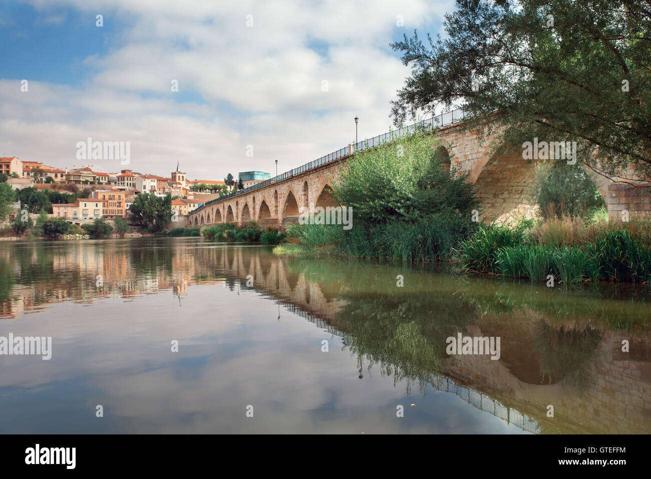 Stone bridge over Douro river and Zamora city in background Stock Photo