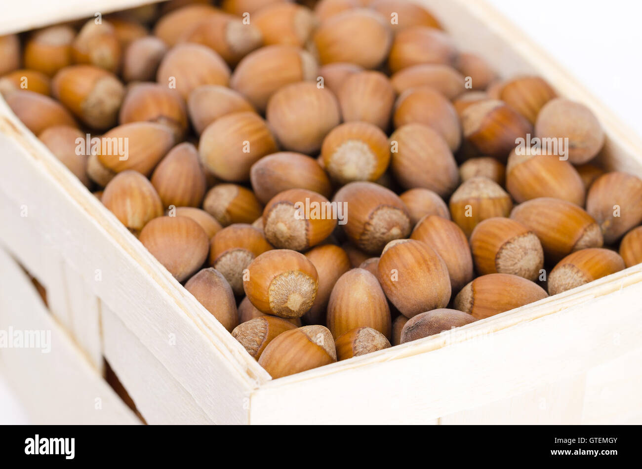 Common hazelnuts in a wicker basket on white background. Unshelled ripe seeds of Corylus avellana, native in Europe. Stock Photo