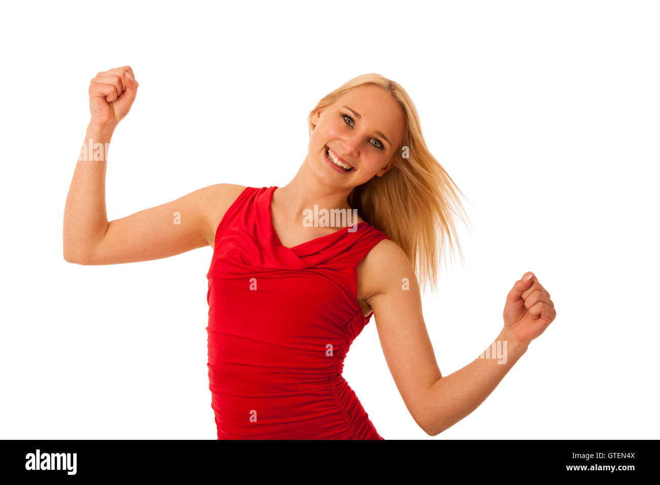 Successful business woman gestures success with hands rised in the air isolated over white background Stock Photo