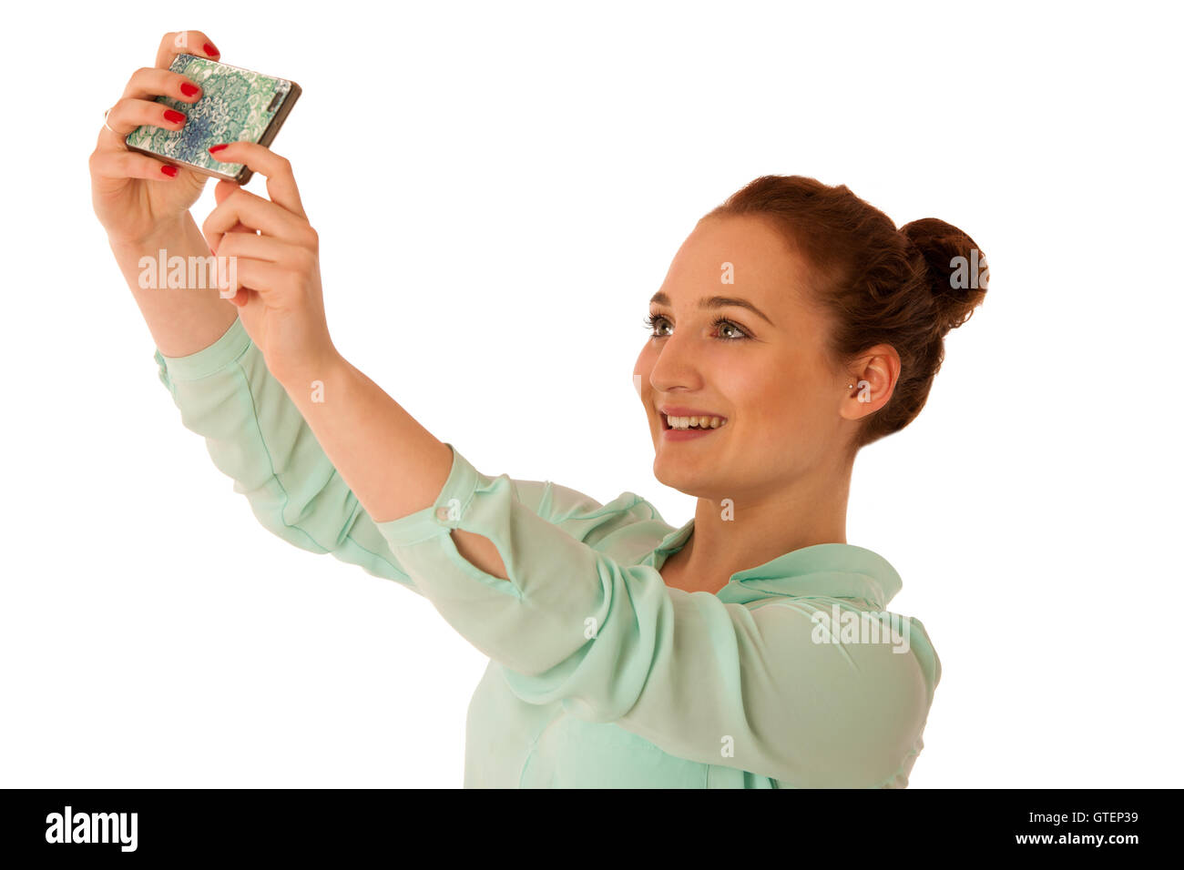 business woman showing a message on a screen of a smart phone isolated over white Stock Photo