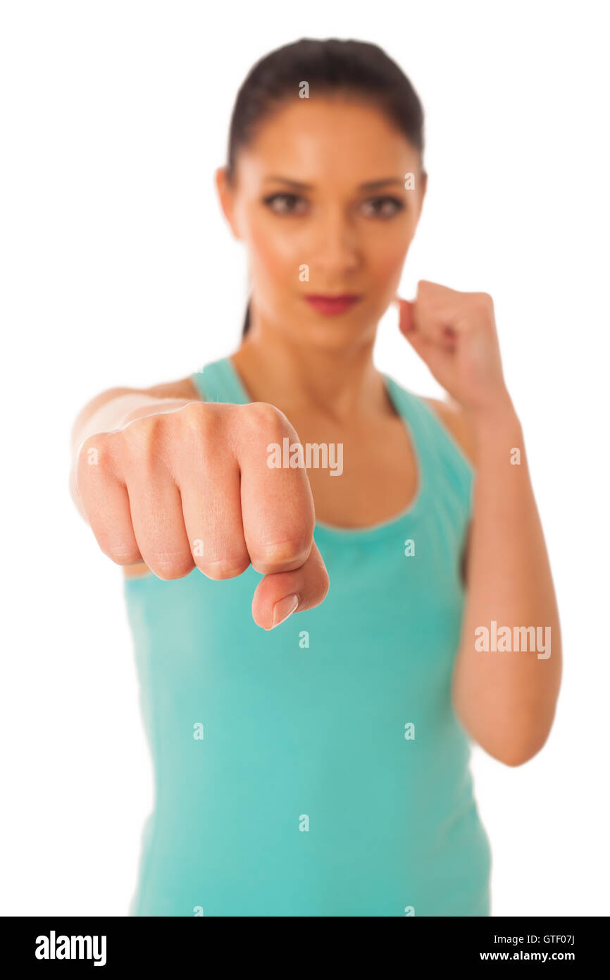 Beautiful woman boxing into copy space isolated over white background Stock Photo