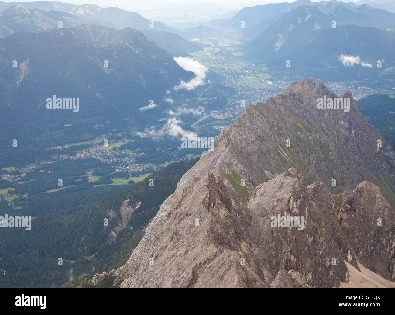 View from mountain Zugspitze, Tirol at village of Ehrwald, Austria Stock Photo