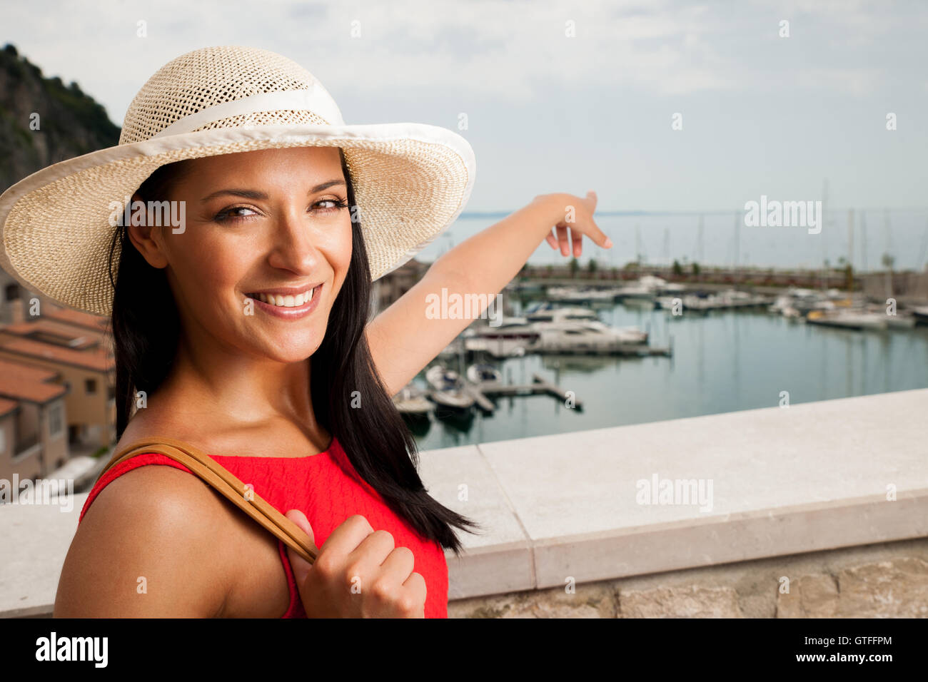 red dress city beach