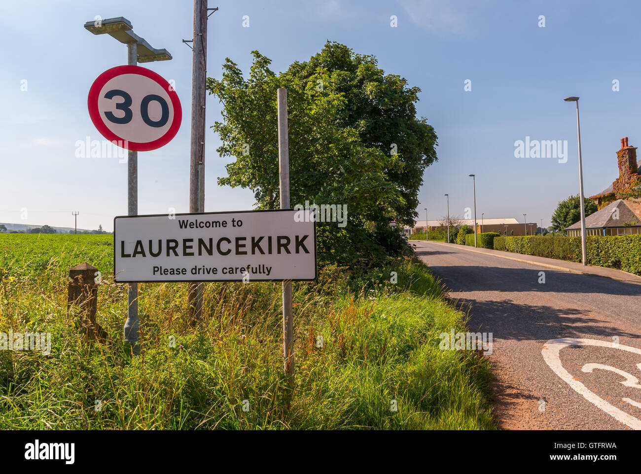 Road sign at the start of the small town of Laurencekirk in the county