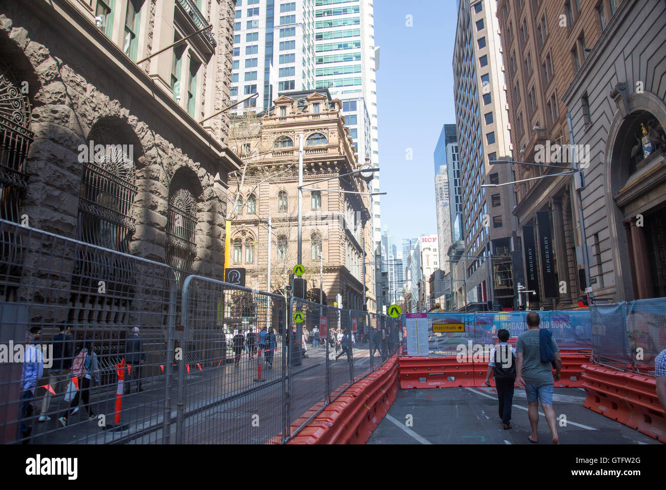 Sydney George street road closures to traffic for construction of the CBD light rail rail,australia Stock Photo