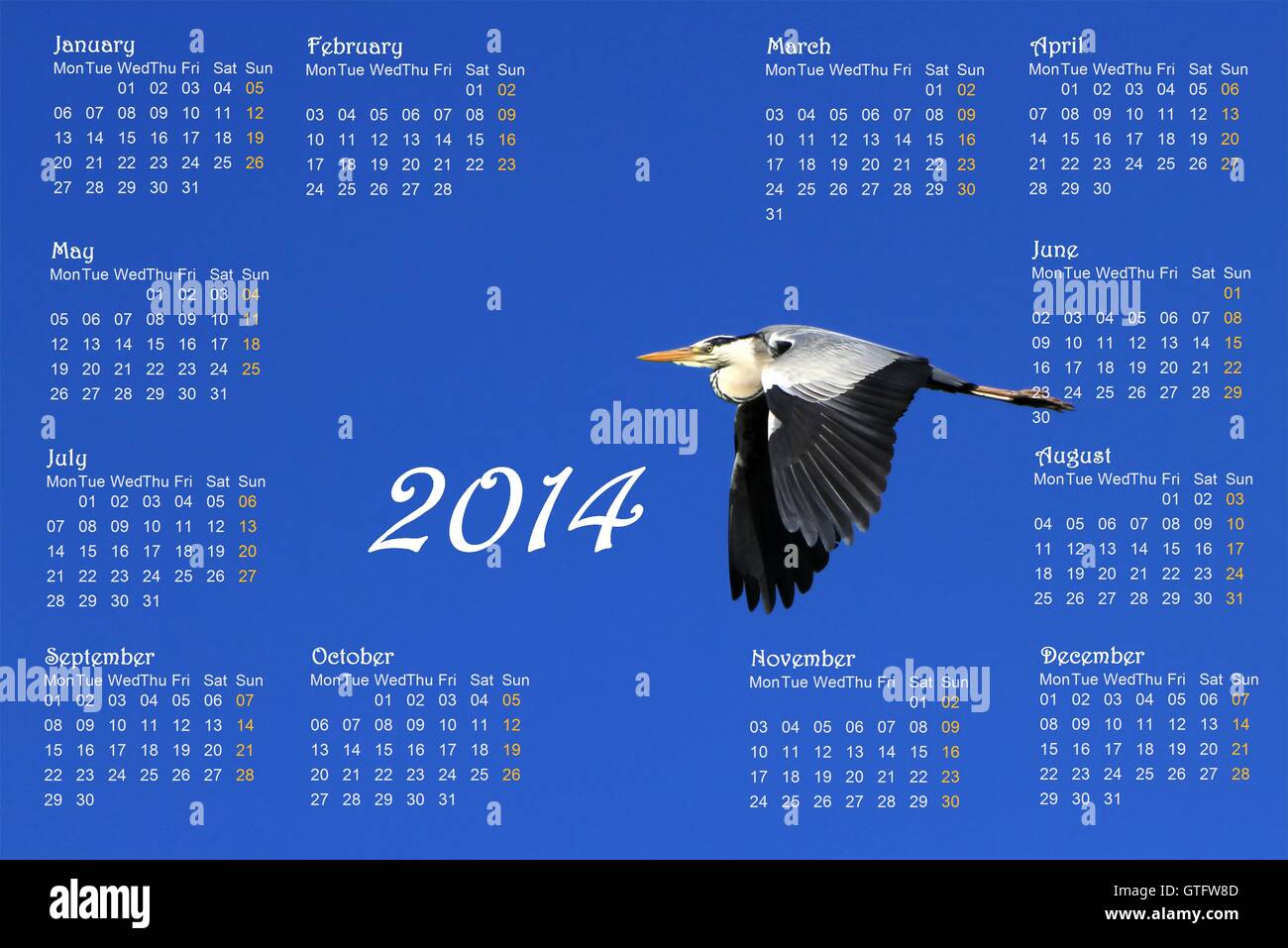 2014 english calendar with heron in flight Stock Photo Alamy