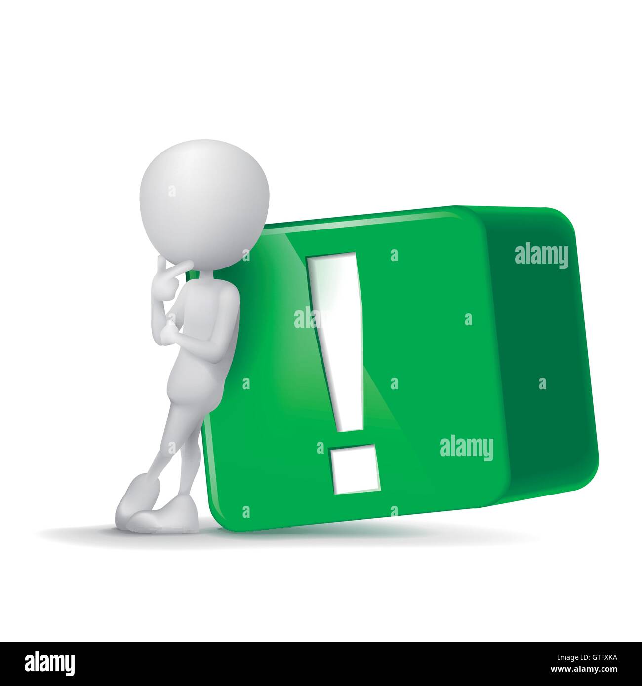 3d human and green exclamation mark cube isolated white background Stock Vector