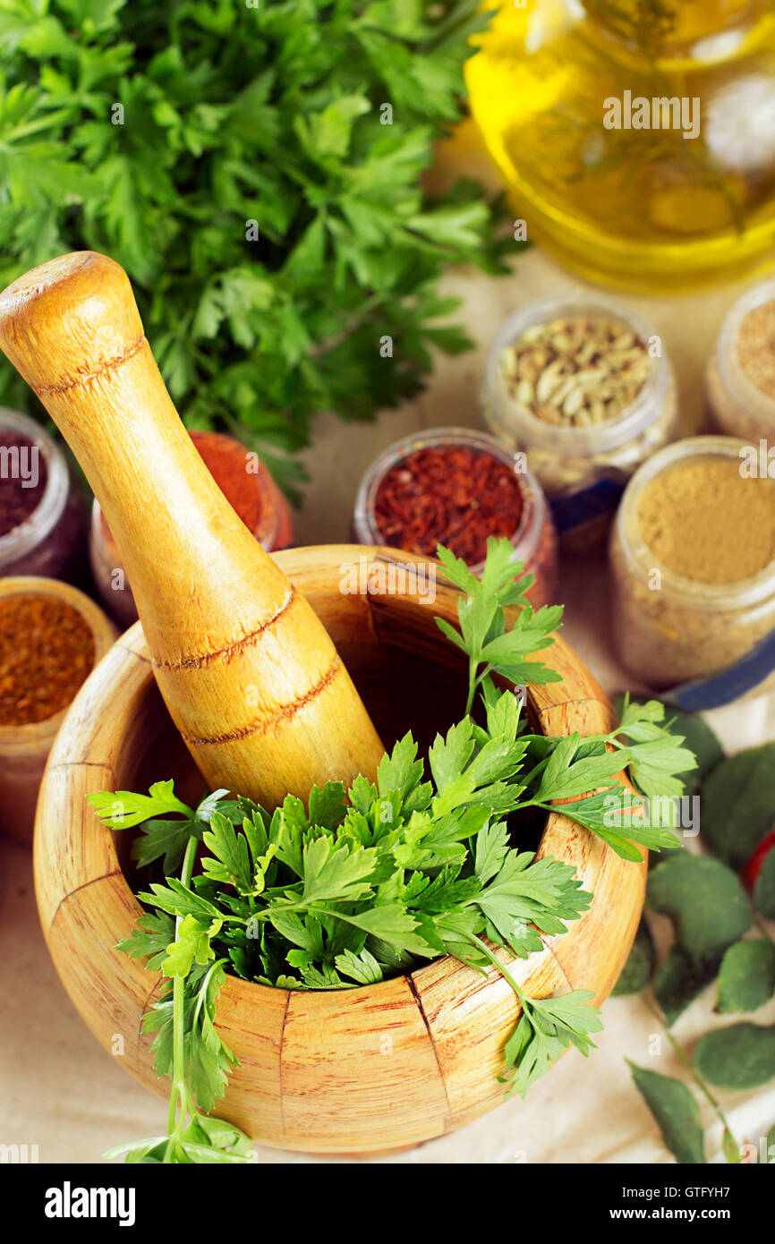Mortar and pestle with spices Stock Photo Alamy