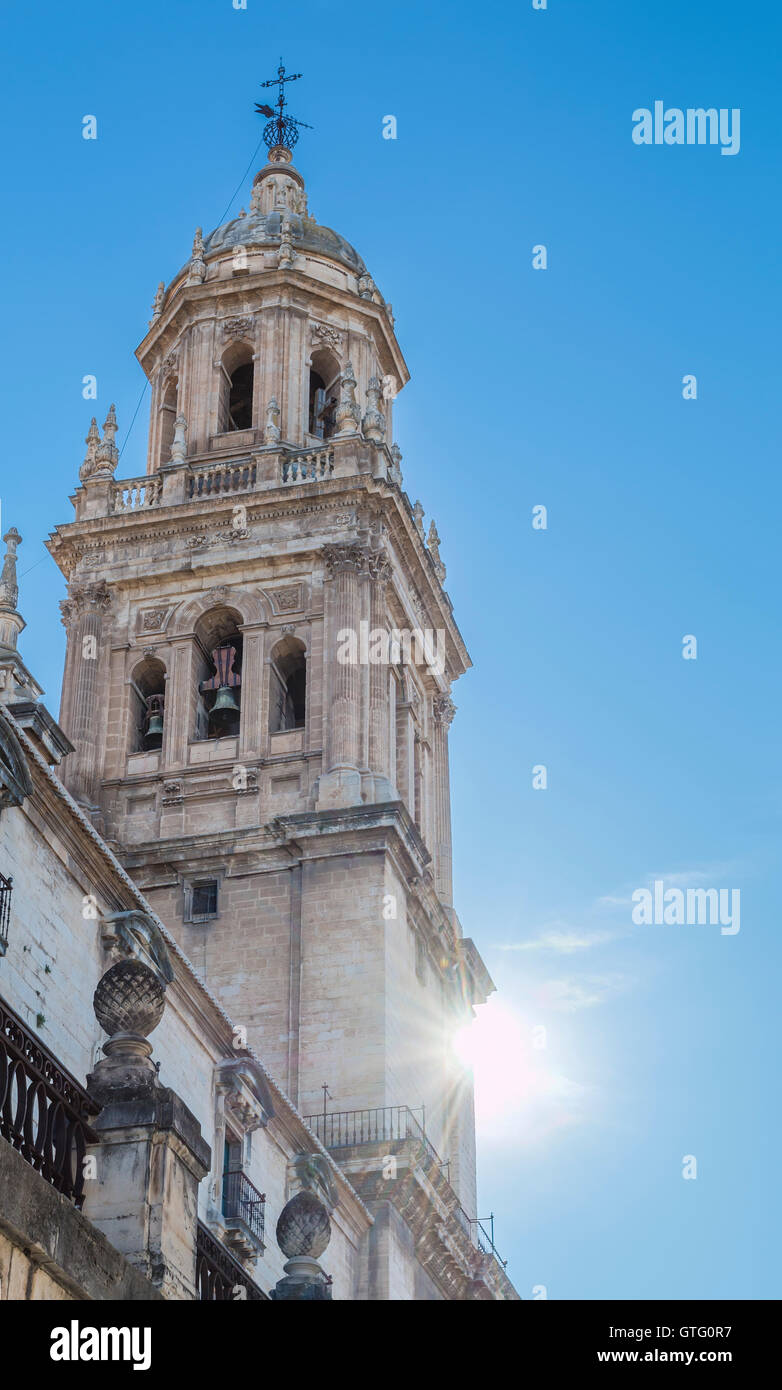 Tower of  cathedral backlighting in Jaen, Andalusia, Spain Stock Photo