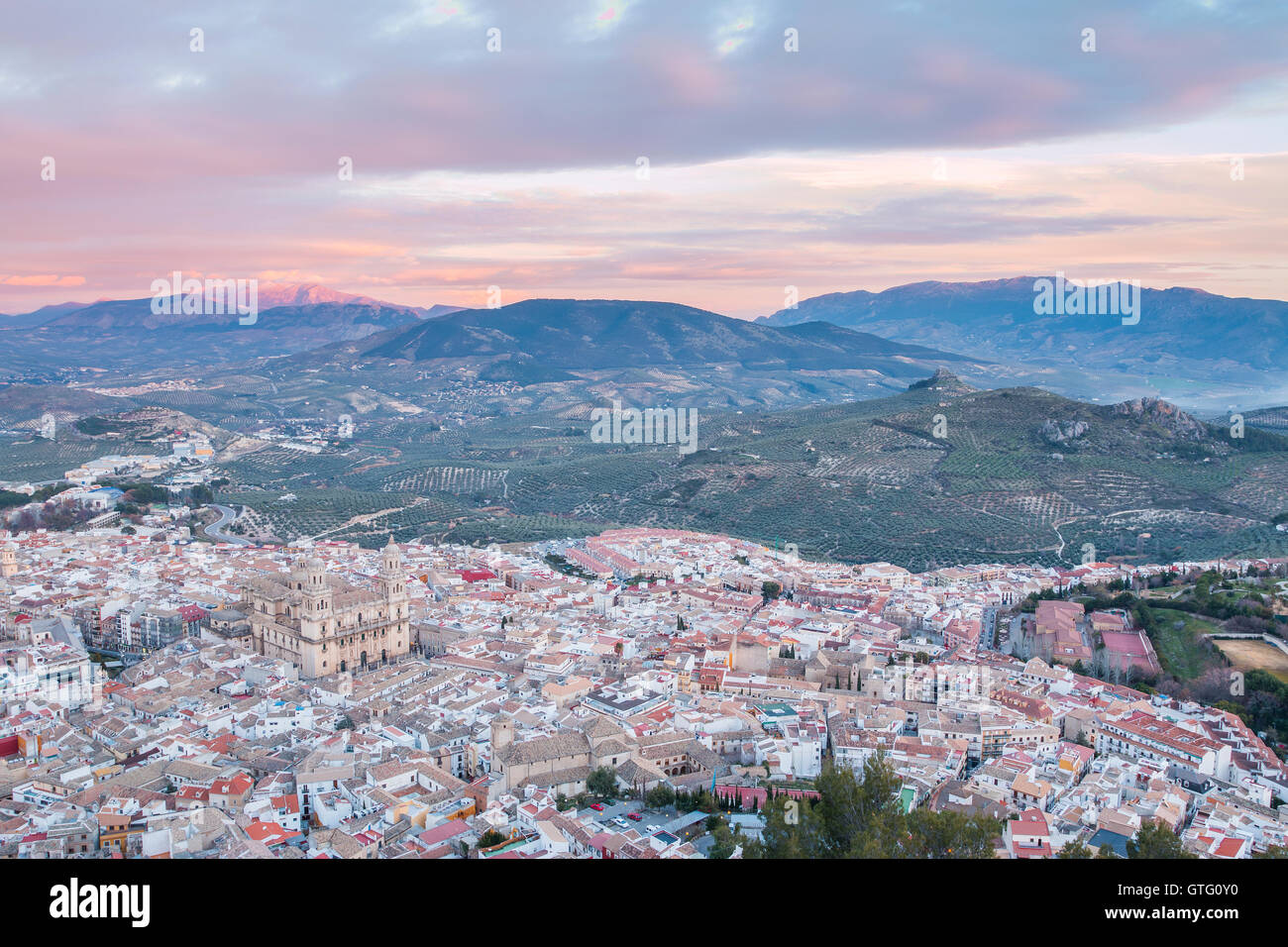 aerial view of Assumption of the virgin Cathedral with sunset at background in Jaen, Andalusia, Spain Stock Photo