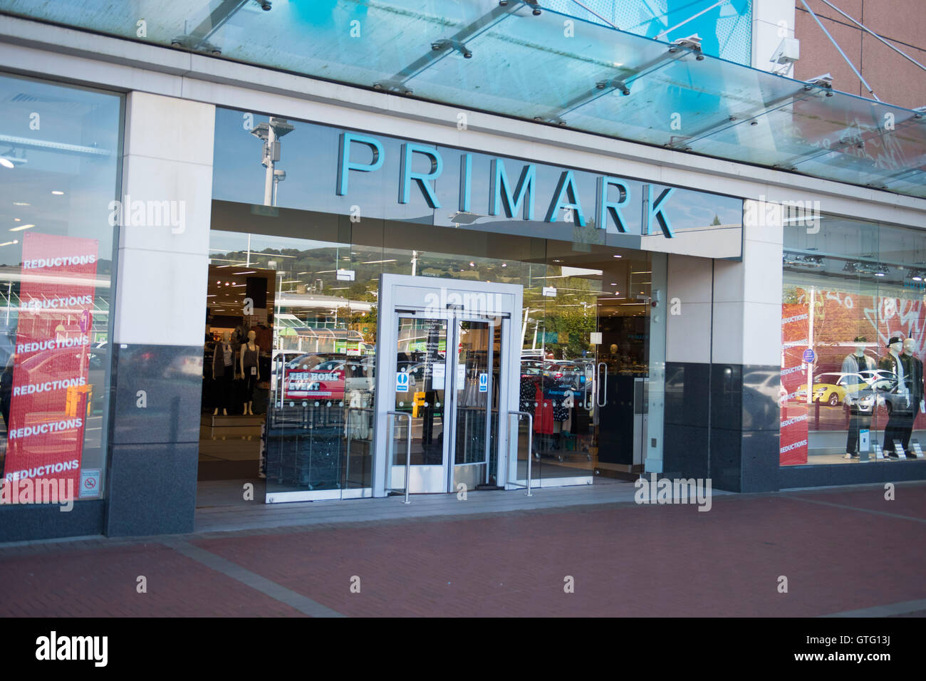Primark budget clothes shop exterior store sign logo in Cwmbran, South Wales. Stock Photo