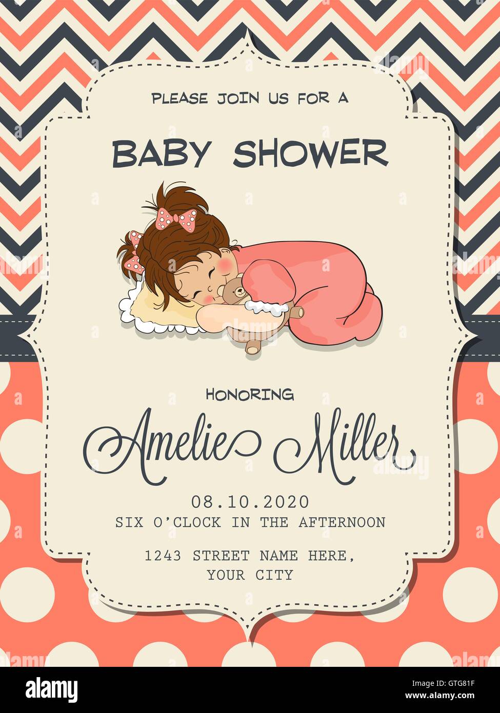 Beautiful baby girl shower card with cute little girl, vector format