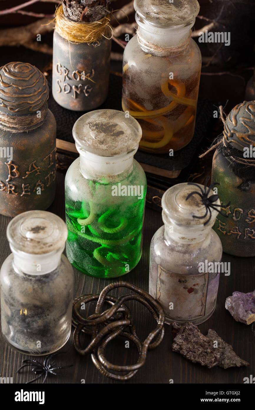 Witch Apothecary Jars Magic Potions Halloween Decoration Stock