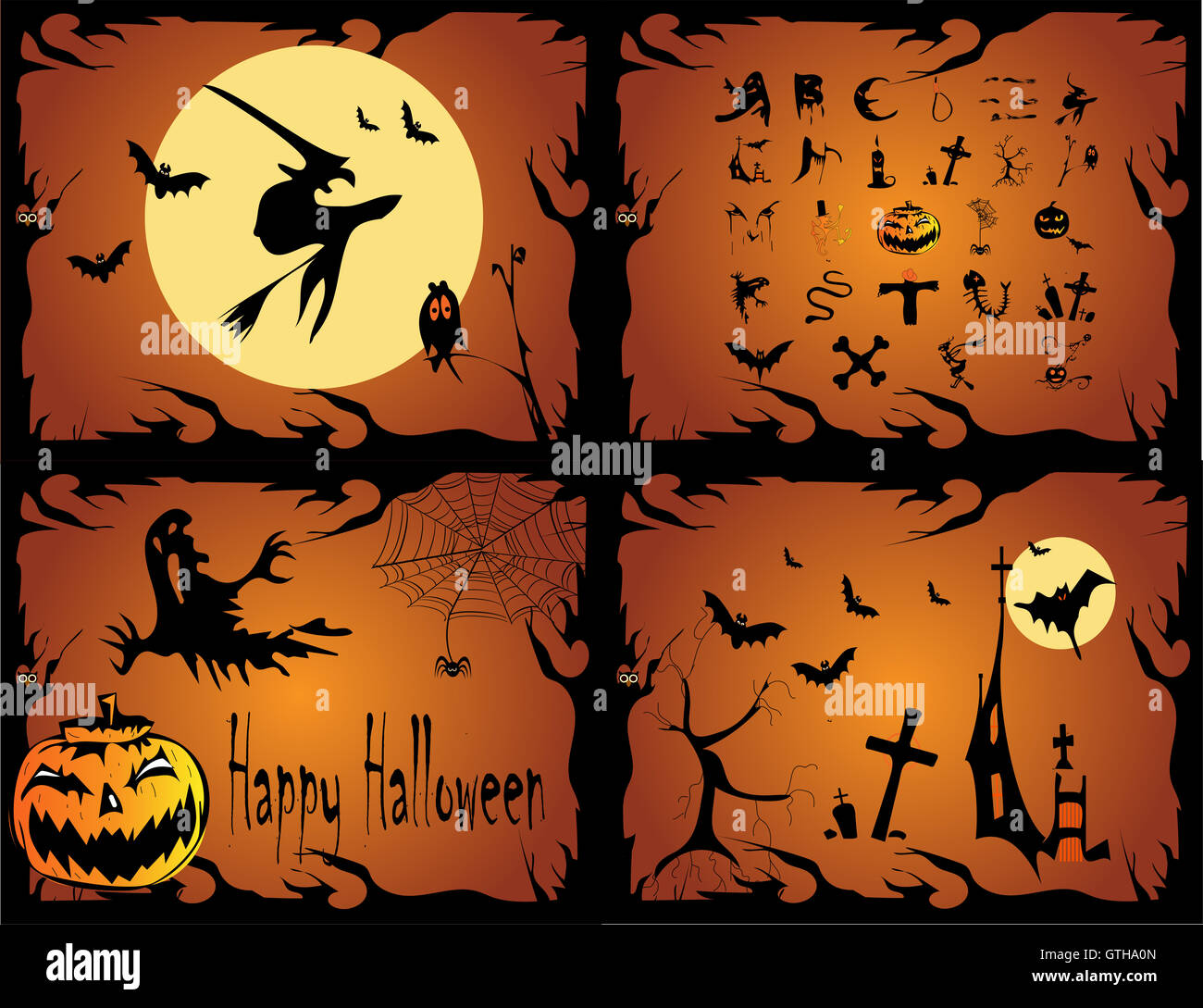 Happy Halloween 4 background with witch, pumpkins and ghosts Stock Photo -  Alamy