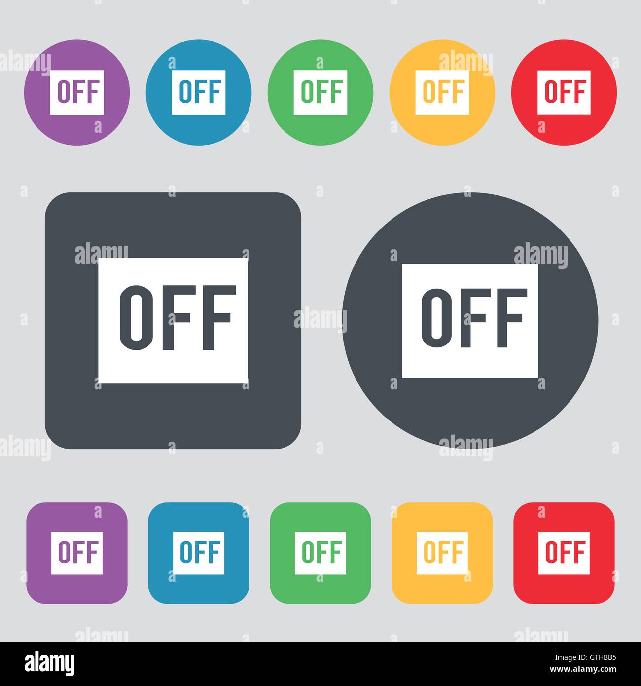 OFF icon sign. A set of 12 colored buttons. Flat design. Vector Stock Vector