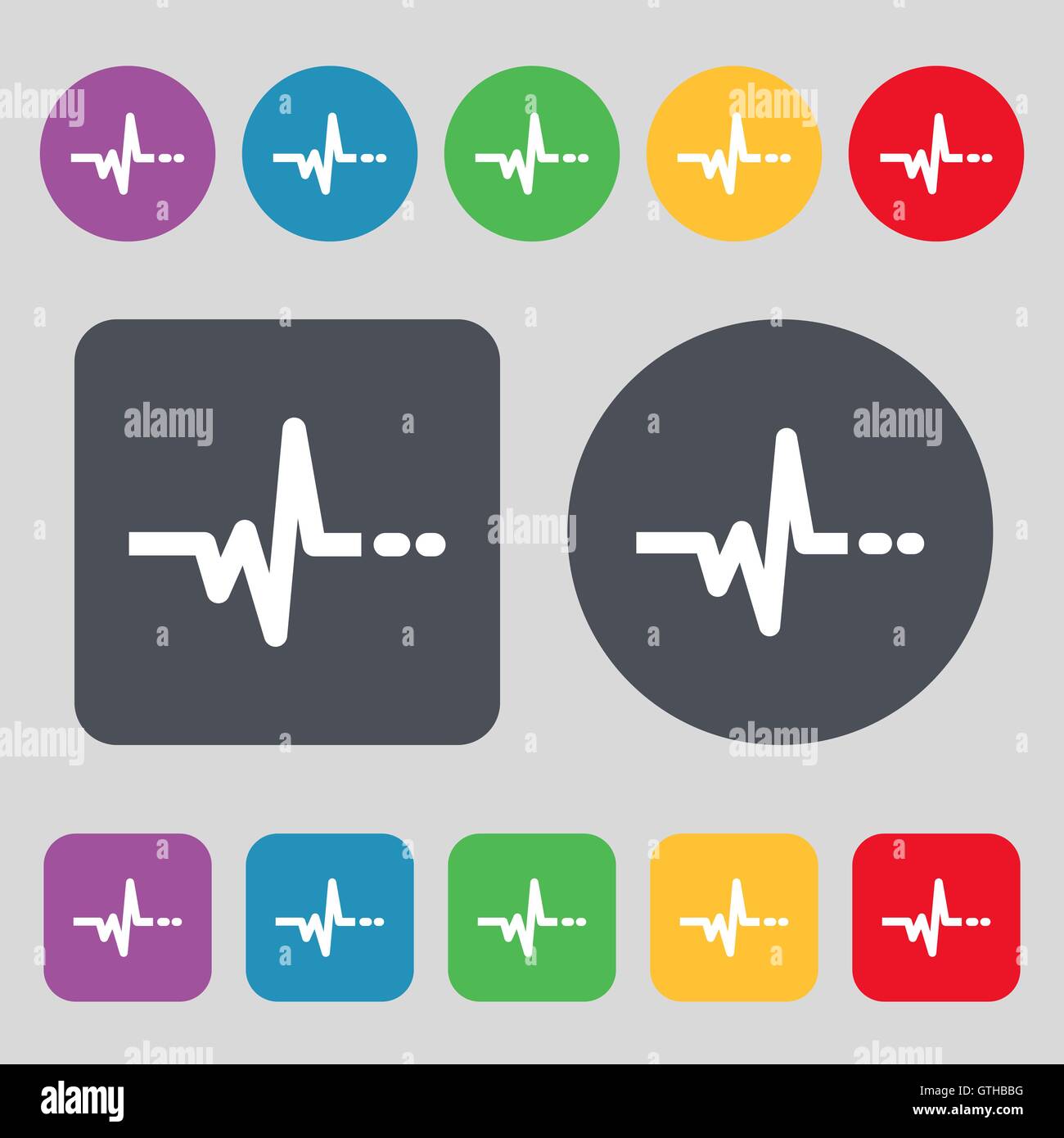 pulse icon sign. A set of 12 colored buttons. Flat design. Vector Stock Vector