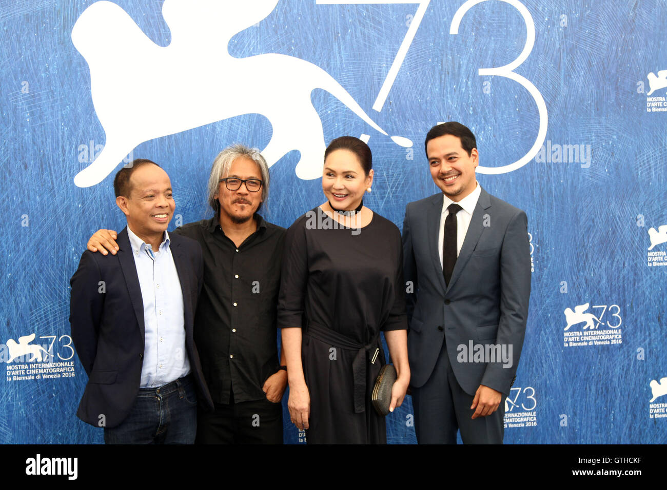 Venice, Italy. 09th Sep, 2016. Actress Charo Santos-Concio and actor John Lloyd Cruz (R) with director Lav Diaz (2nd from L) and producer Ronald Arguelles (L) attends 'Ang Babaeng Humayo (The Woman who left)' Photocall during the 73rd Venice Film Festival. Credit:  Andrea Spinelli/Pacific Press/Alamy Live News Stock Photo