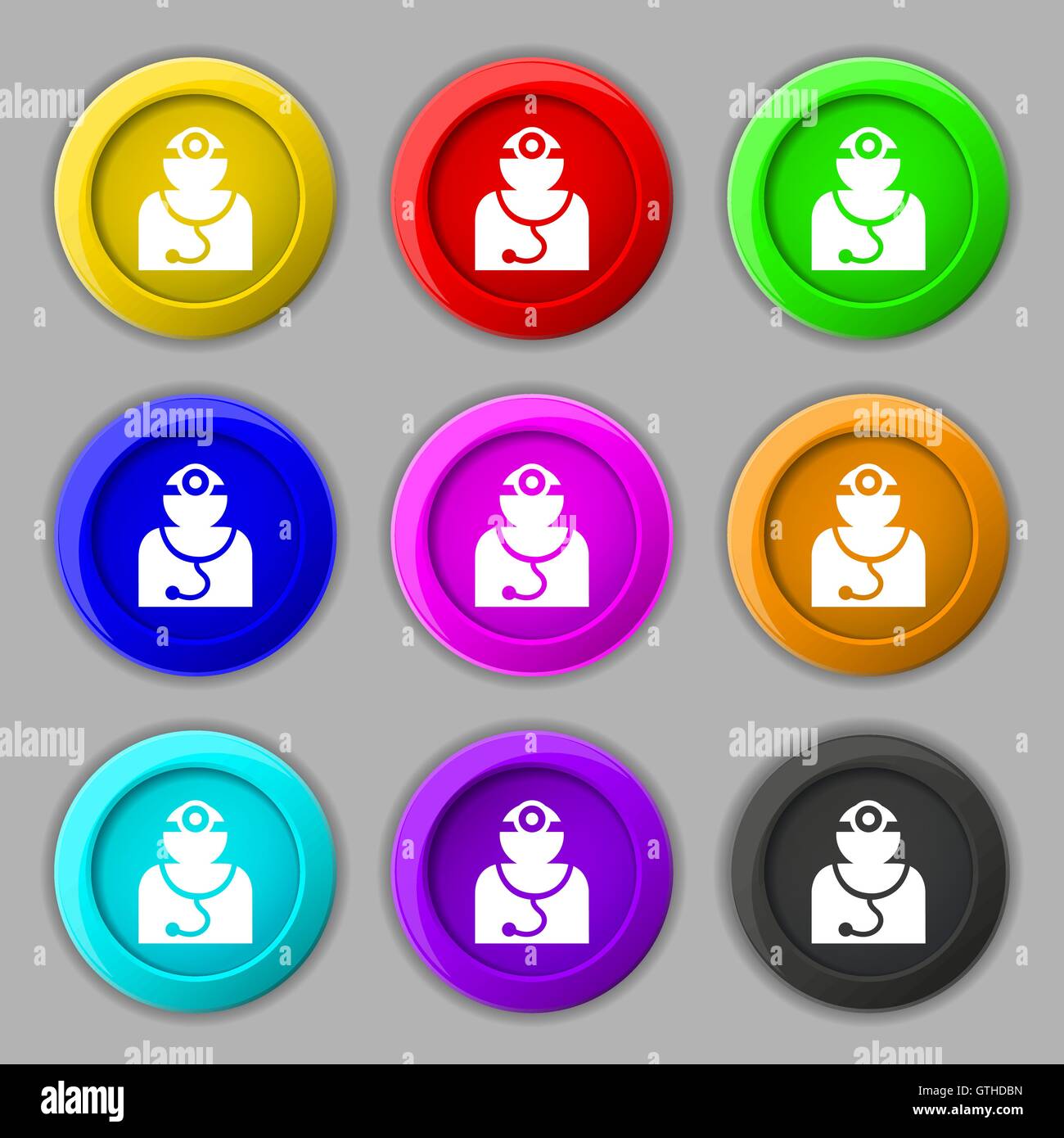 Doctor with stethoscope around his neck icon sign. symbol on nine round colourful buttons. Vector Stock Vector