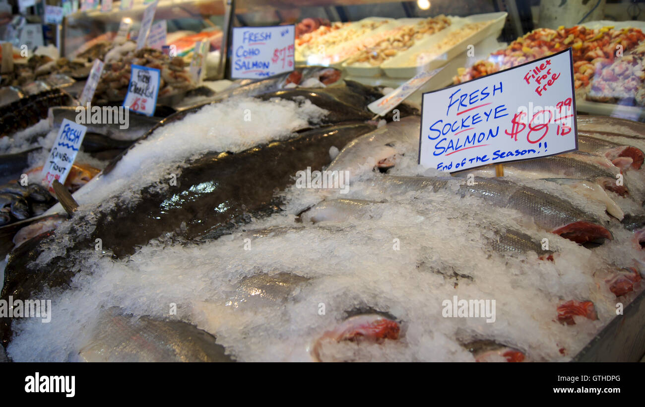 SEATTLE WASHINGTON USA October 2014 Fresh seafood display at Pike