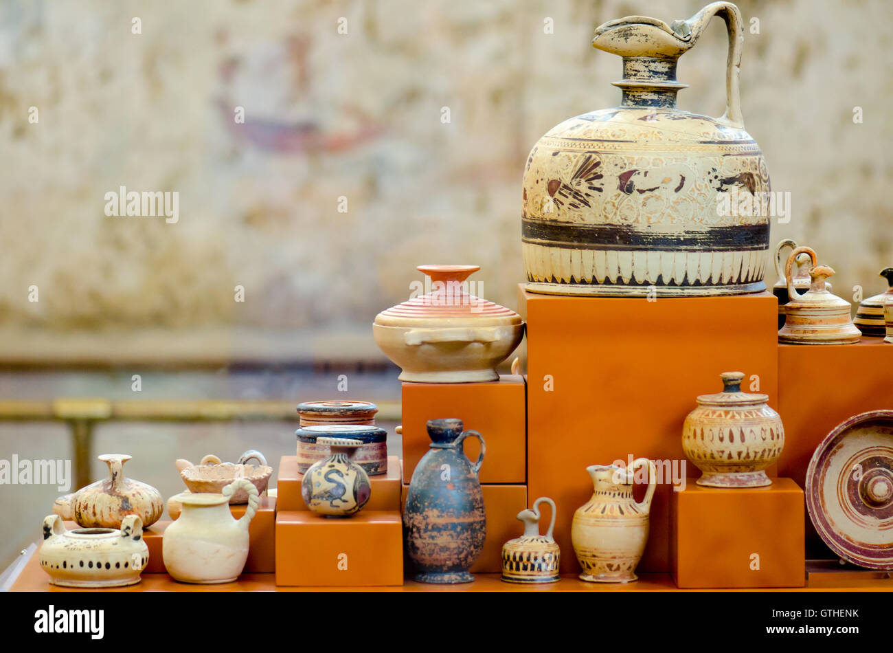 Set of painted clay vases from antiquity exposed in museum Stock Photo