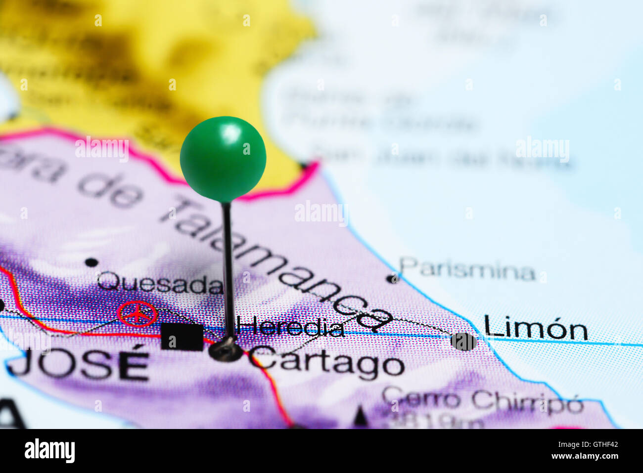 Heredia pinned on a map of Costa Rica Stock Photo