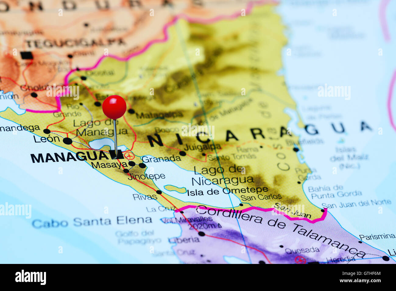 Managua pinned on a map of Nicaragua Stock Photo