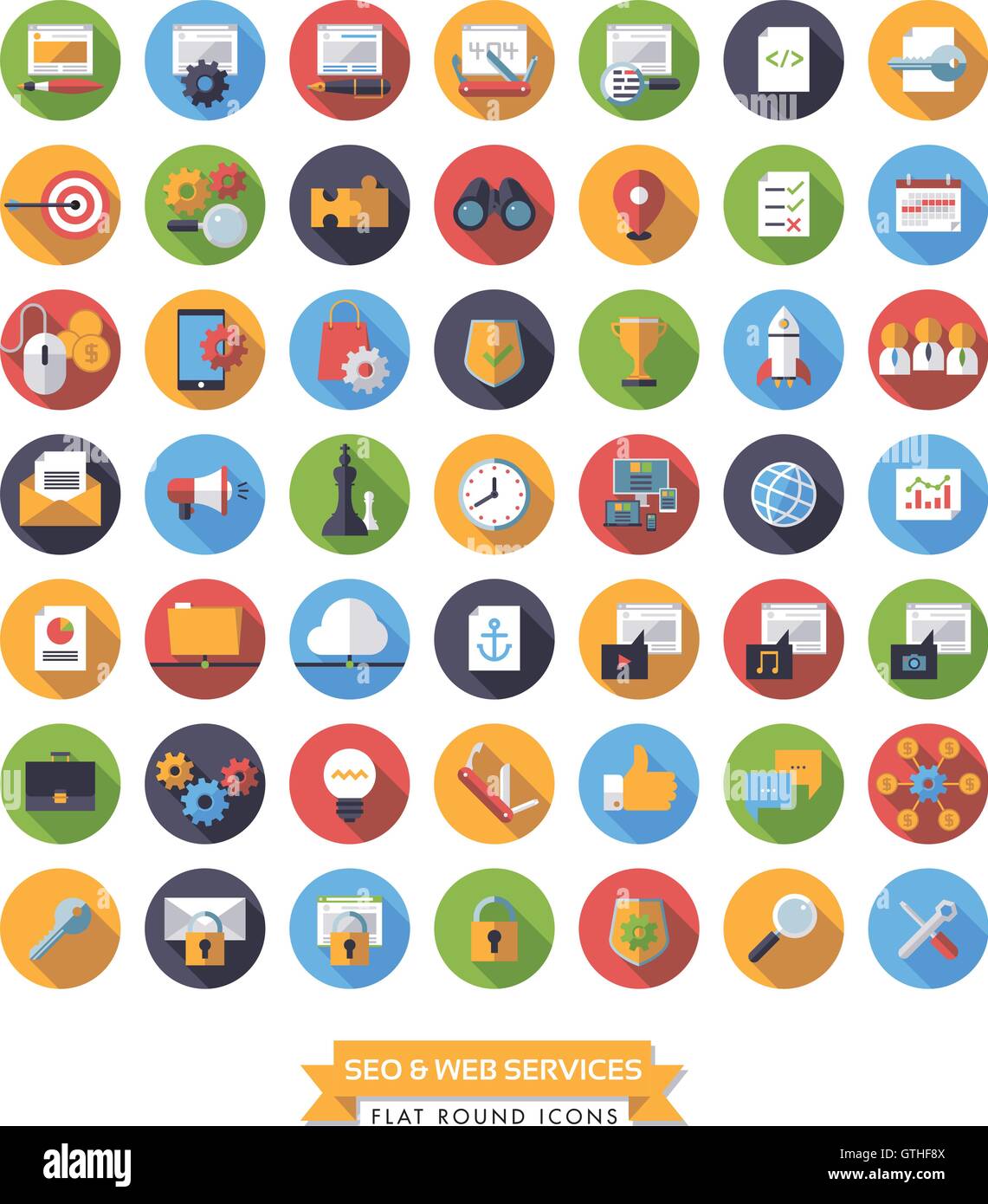 Collection of 49 flat design long shadow SEO and Web Services round icons Stock Vector