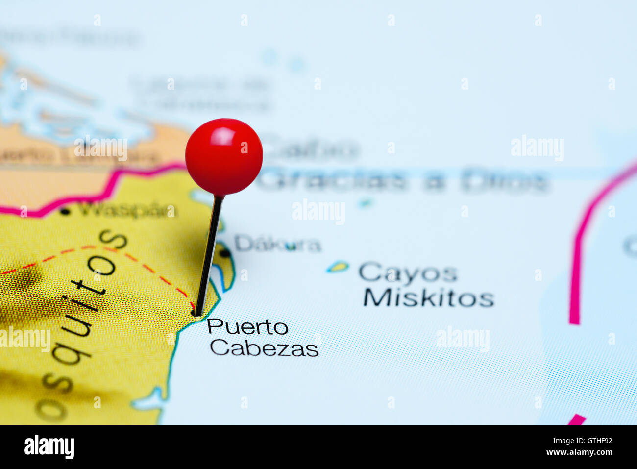 Puerto Cabezas pinned on a map of Nicaragua Stock Photo
