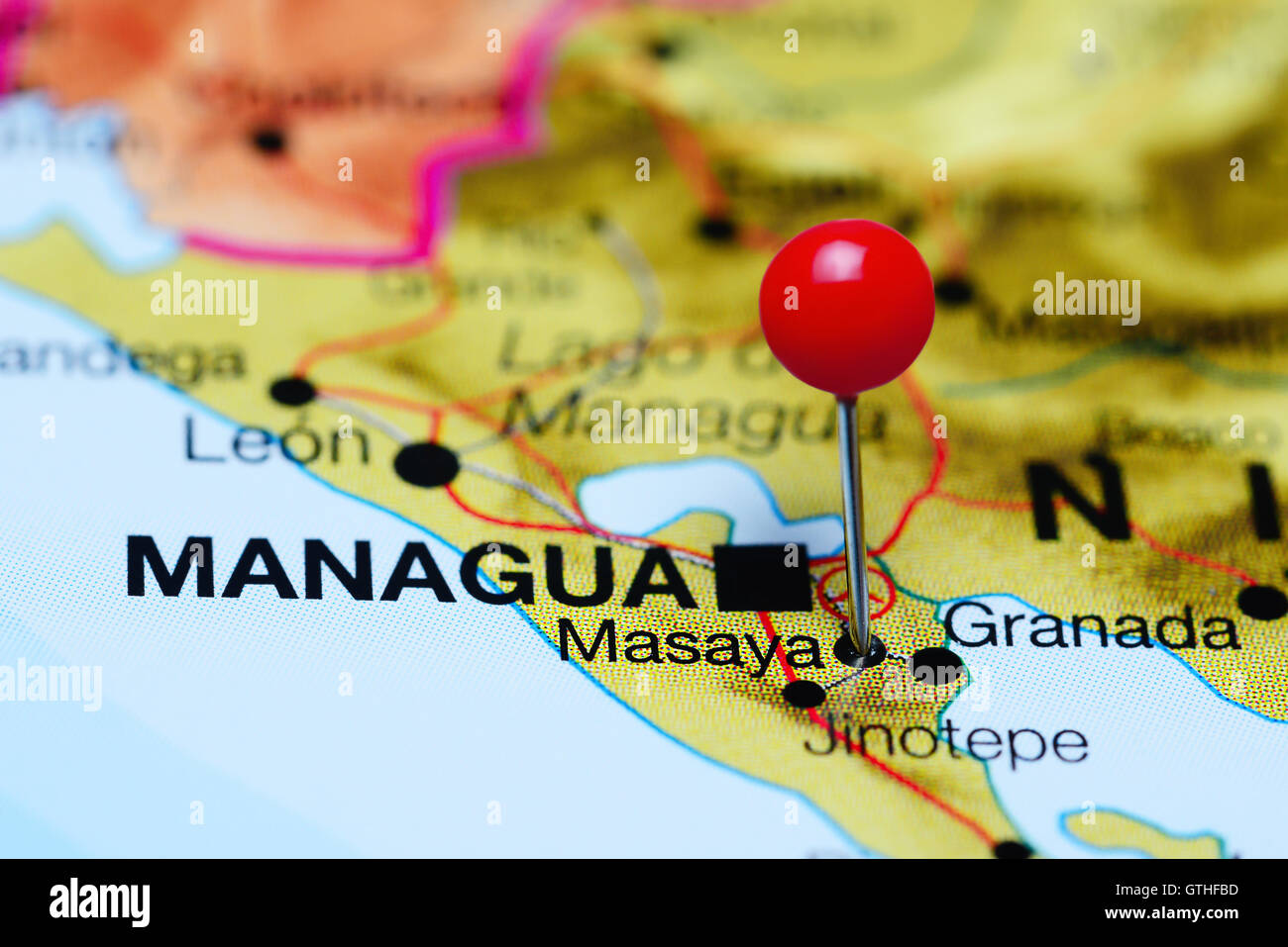 Masaya pinned on a map of Nicaragua Stock Photo