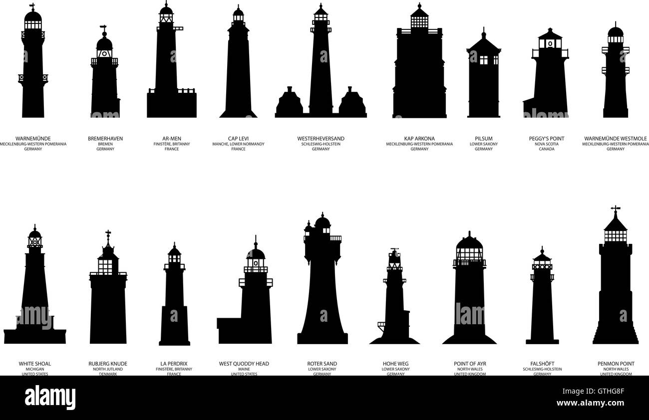 Collection of silhouettes of international lighthouses and beacons Stock Vector