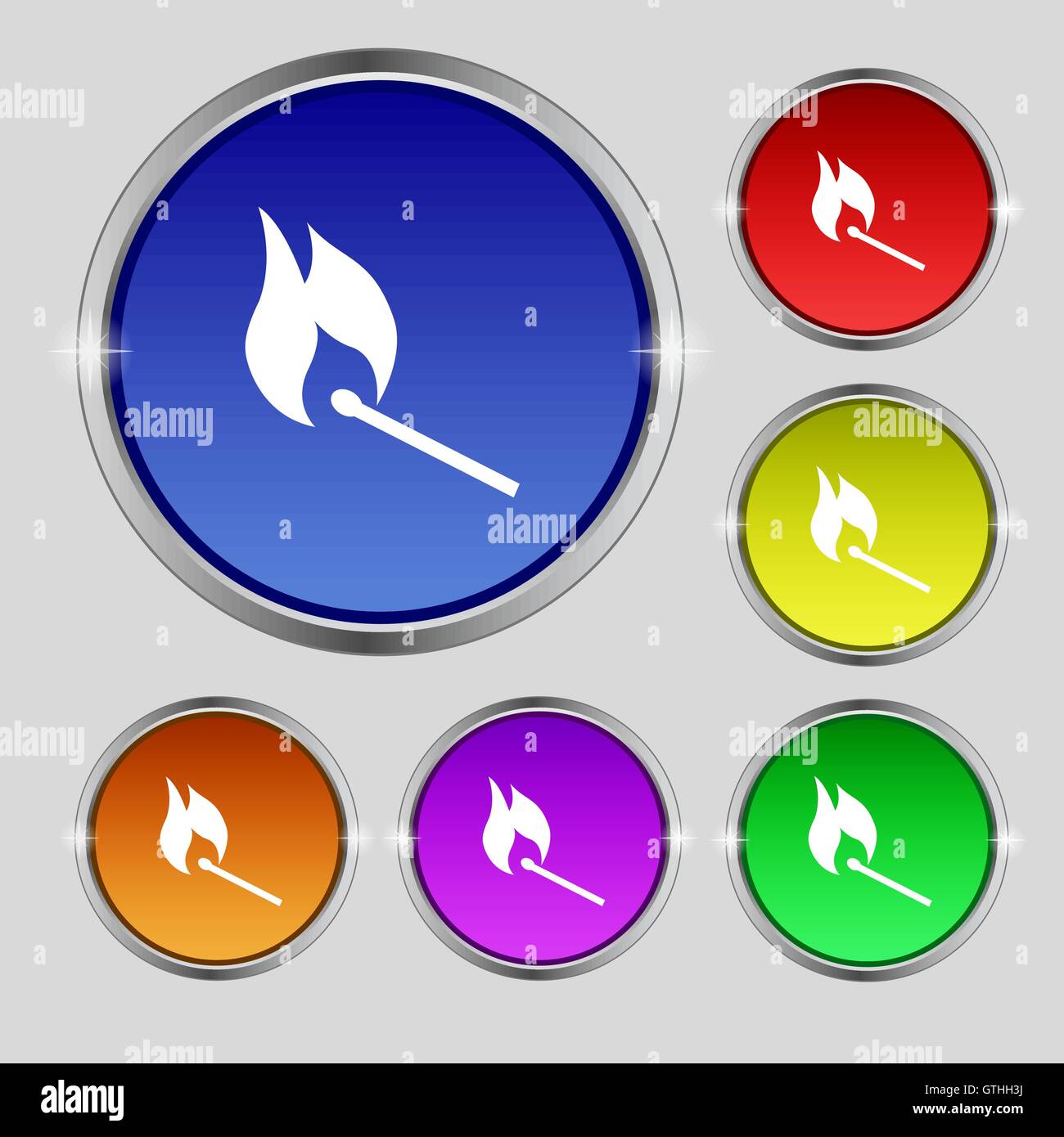 burning match icon sign. Round symbol on bright colourful buttons