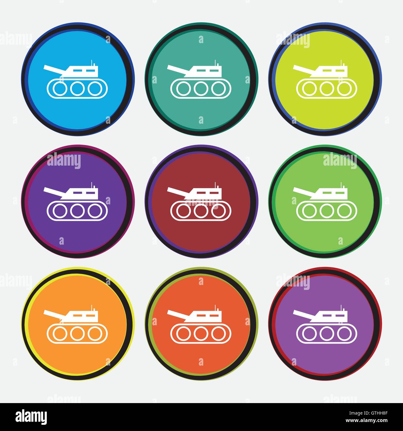 Tank, war, army icon sign. Nine multi colored round buttons. Vector Stock Vector