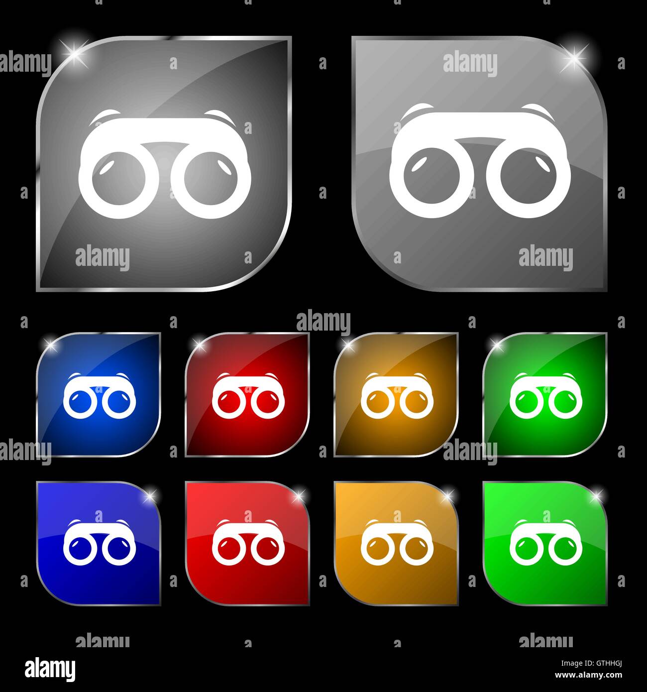 binoculars icon sign. Set of ten colorful buttons with glare. Vector Stock Vector