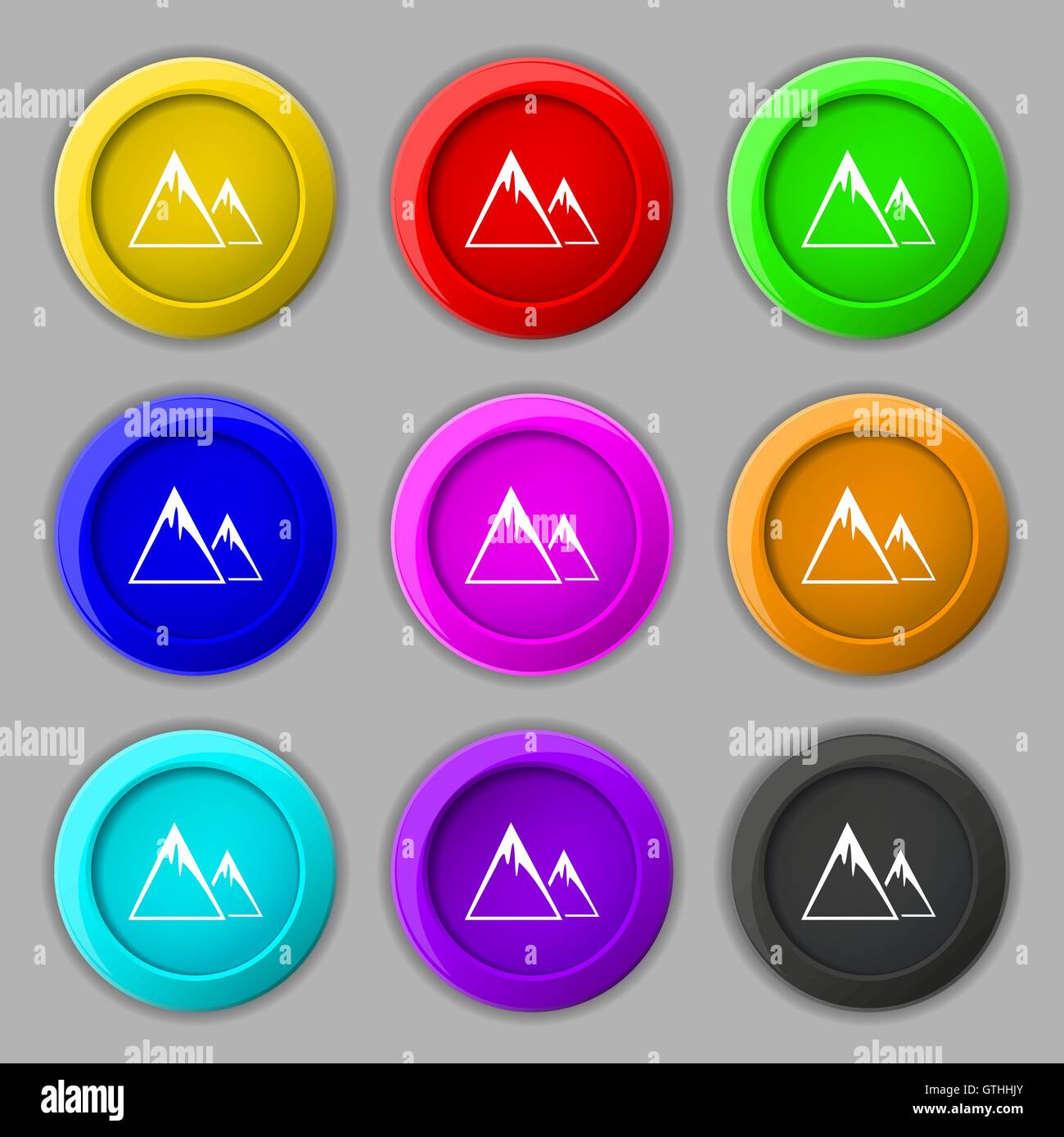 Mountain Icon sign. symbol on nine round colourful buttons. Vector Stock Vector