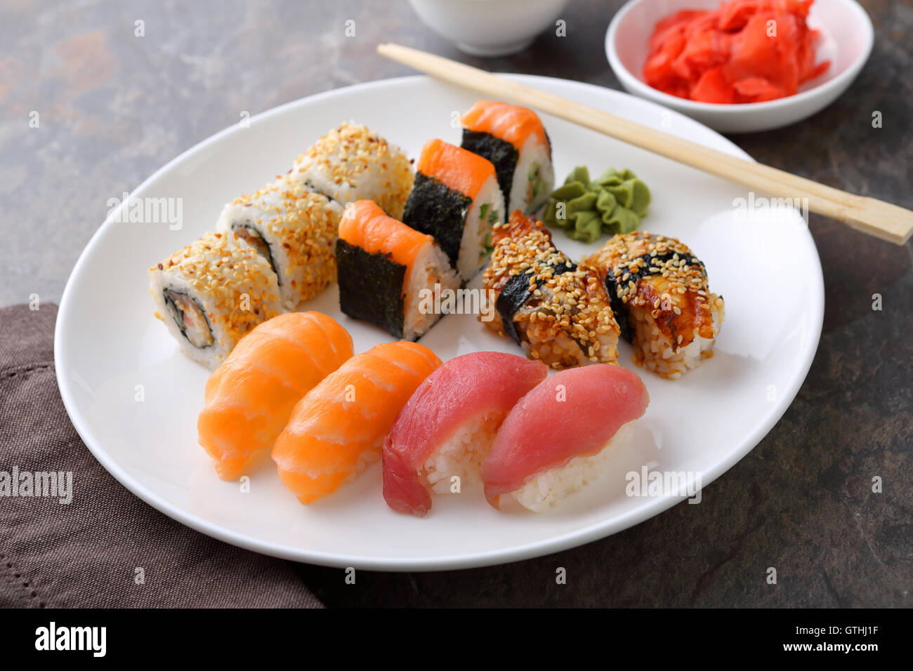 Sushi set on plate, food closeup Stock Photo